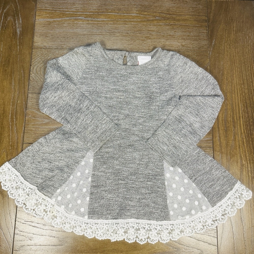 Camilla Baby Girl Long Sleeve Gray & White Dress w‎ Polka Dots & Lace 2T